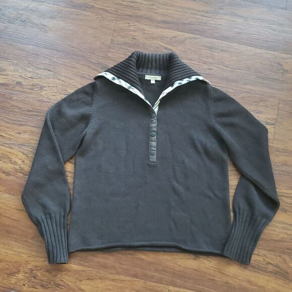Burberry Womens Brown Knit Turtleneck Quarter Zip Pullover Sweater Size Large